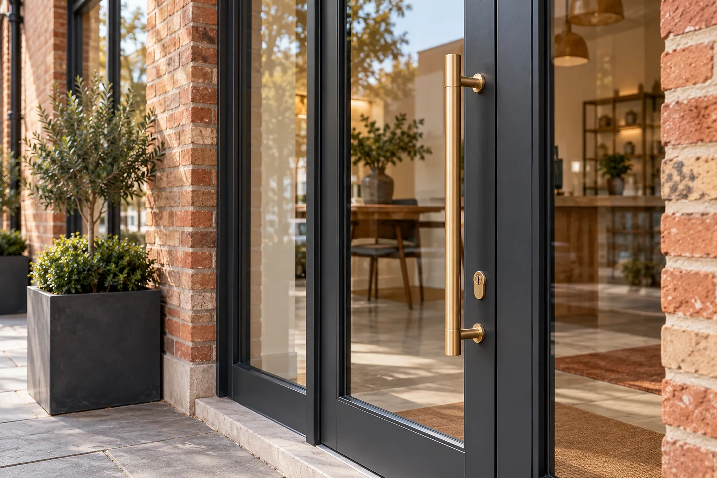 Brass handle and lock hardware on a glass business entrance