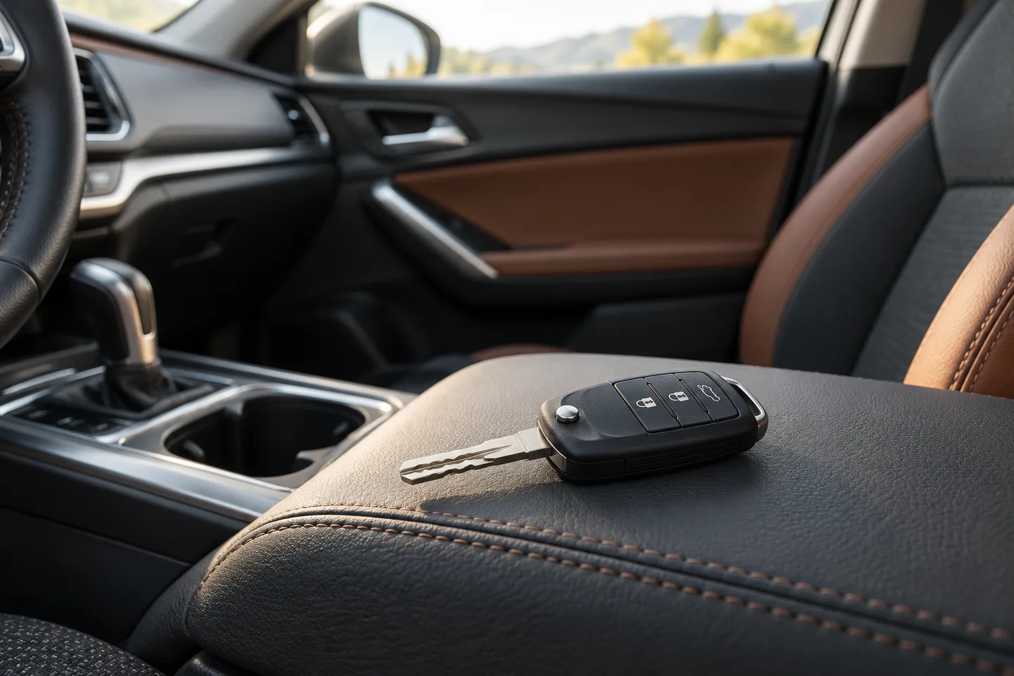 A car key and fob resting on a parked vehicle’s console