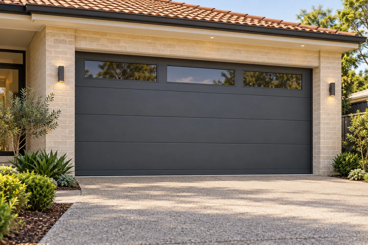 A closed sectional garage door at a residential house
