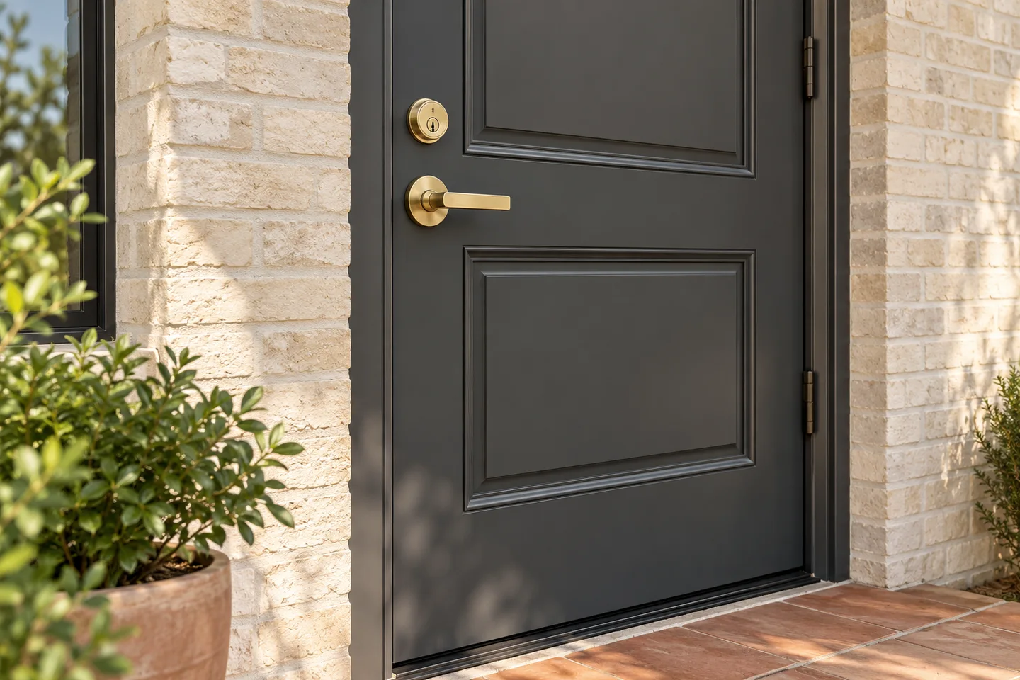 A charcoal home entrance with brass lock hardware and a planted threshold