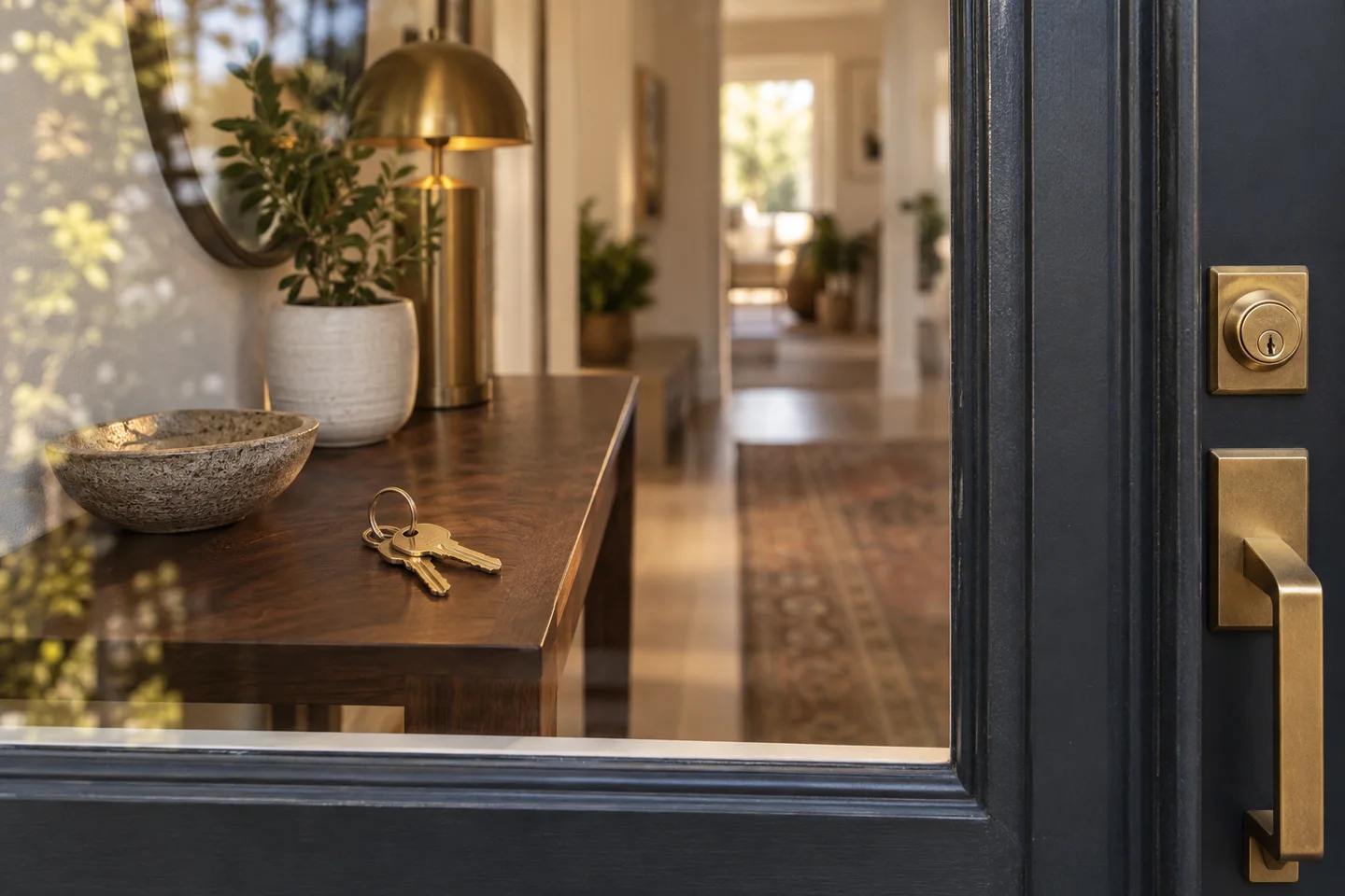 House keys on an indoor console seen through a glazed entrance