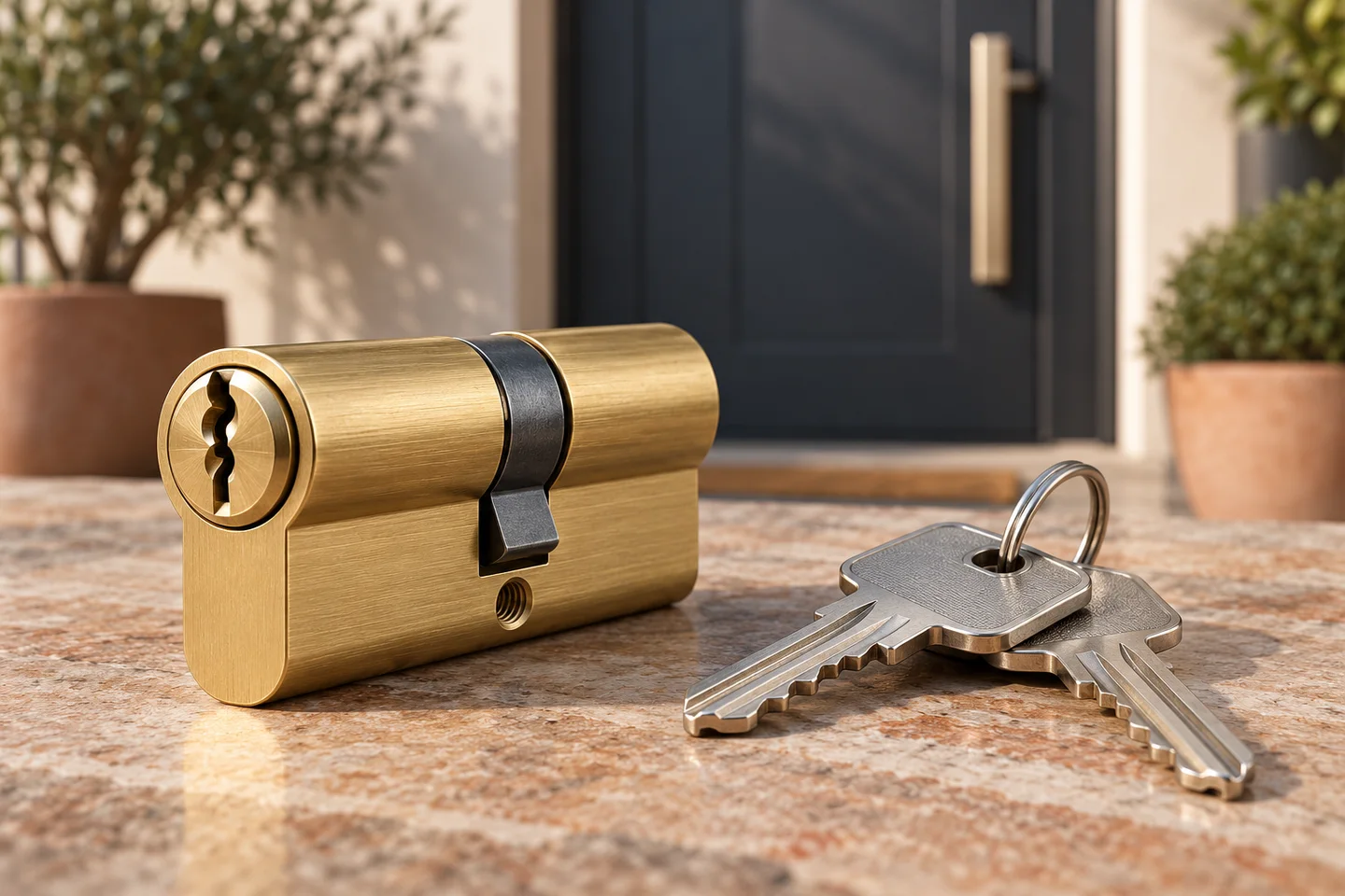 A brass cylinder and house keys on a stone work surface