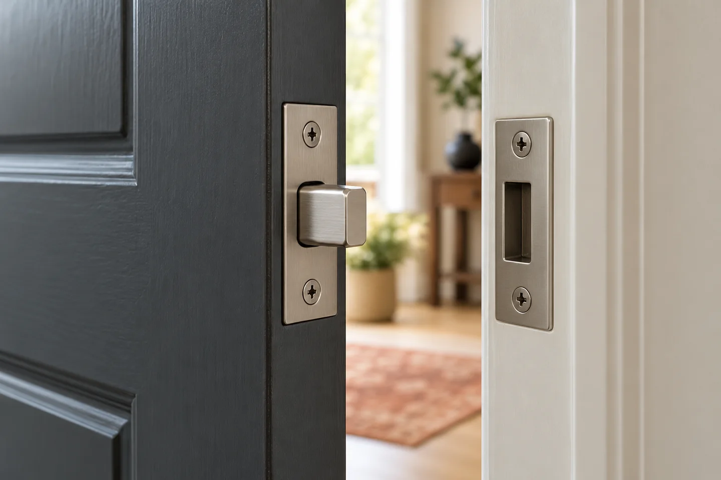 Latch and strike hardware on a residential door and frame