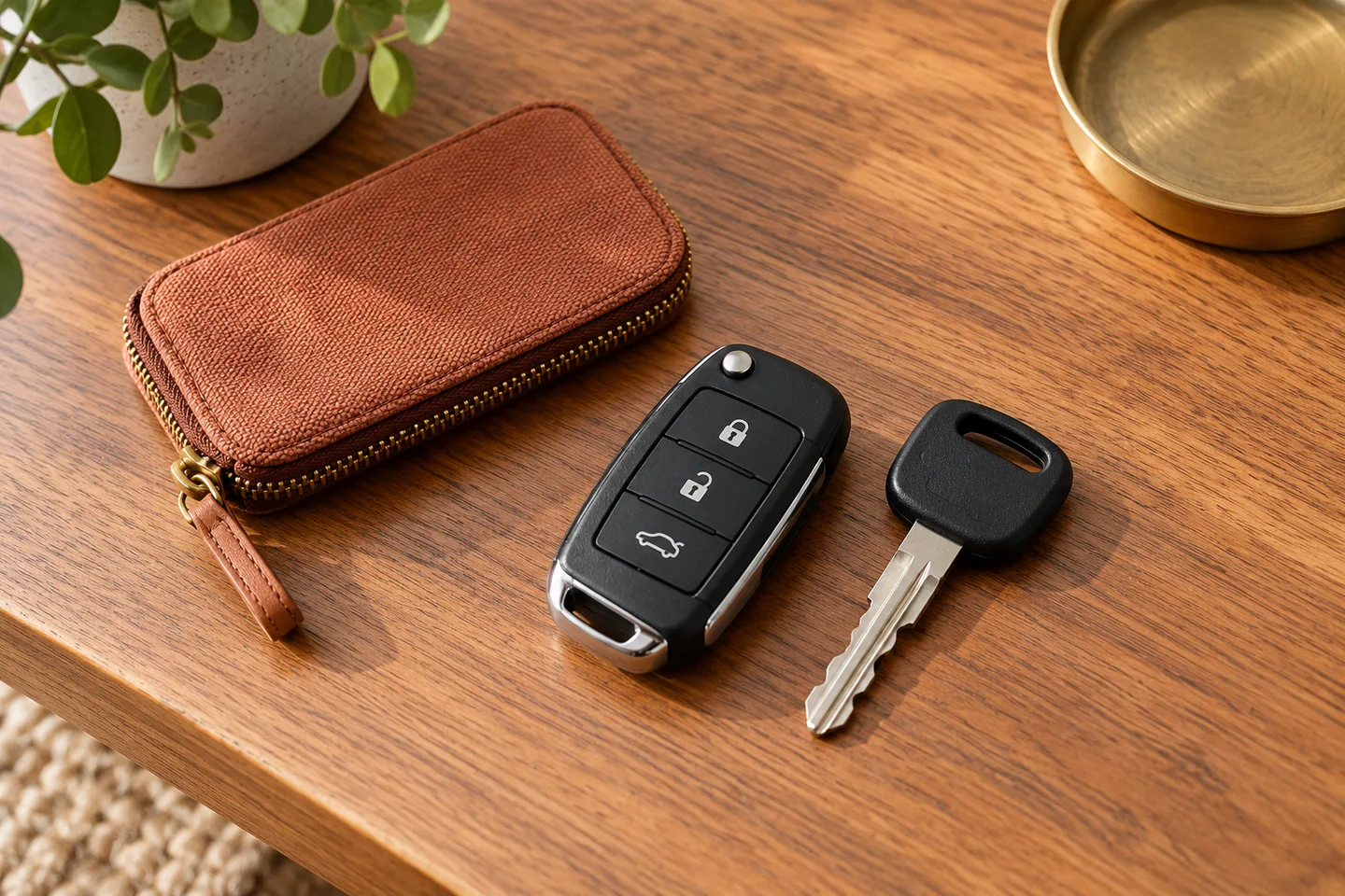 A car fob and separate spare key beside a key pouch